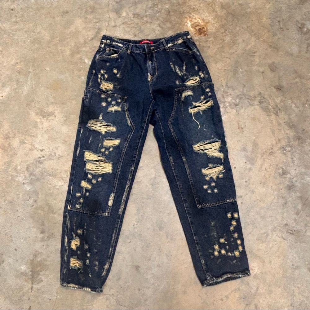Smoke Rise RED Distressed Thrashed Carpenter Jeans Dark Wash Y2K Womens 29